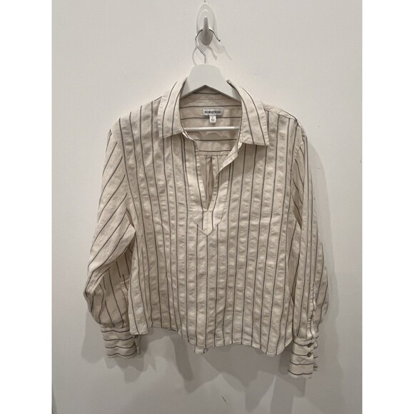Nordstrom Striped Popover Sz Large Linen Blend Coastal Beach Casual - Picture 1 of 6